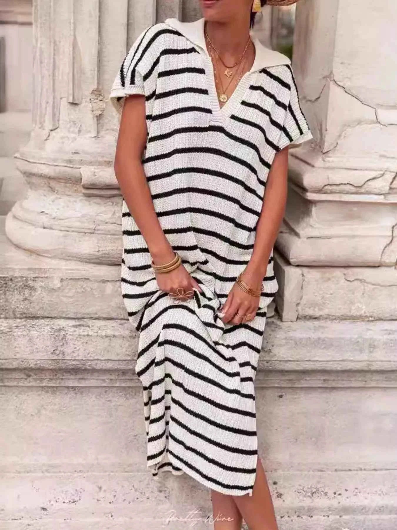 Sarah Express Women's Striped Knit Midi Dress with Slit - Short Sleeve White