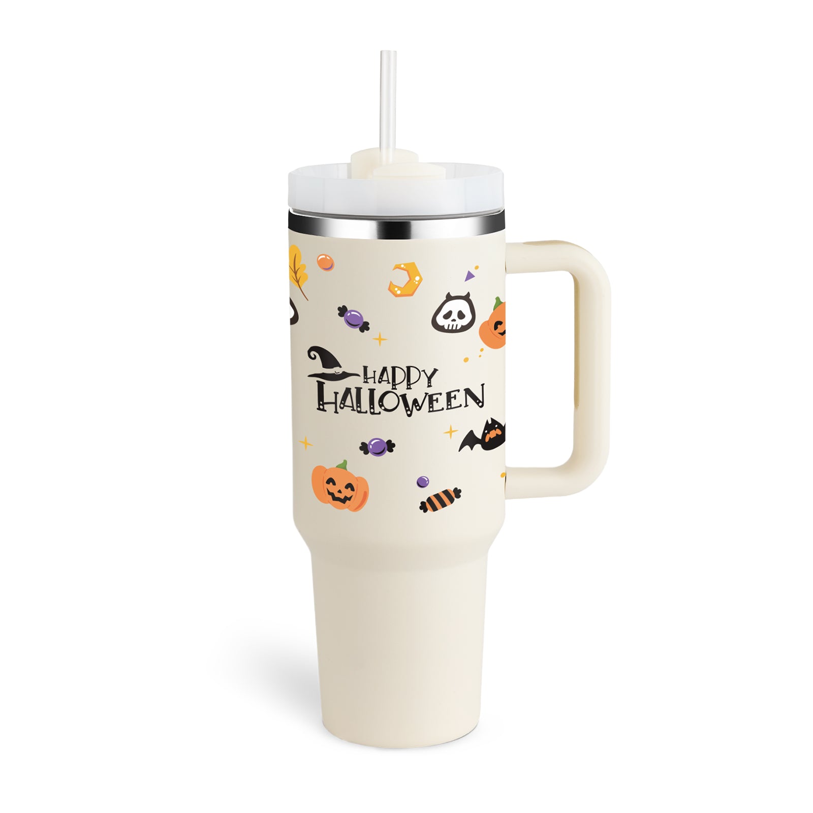 Sarah Express 40 oz Insulated Tumbler with Handle and Straw - Stainless Steel Vacuum Coffee Cup with Lid Halloween Cream white 1200ML 1PC