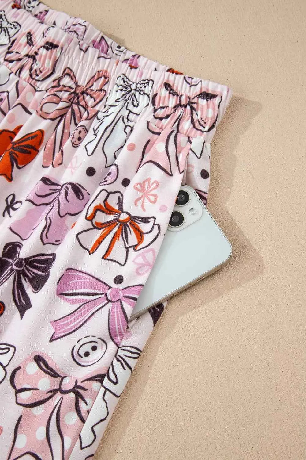 Sarah Express Women's Bow Print Short Sleeve Pajama Set - Button Front Shirt & Pants Sleepwear