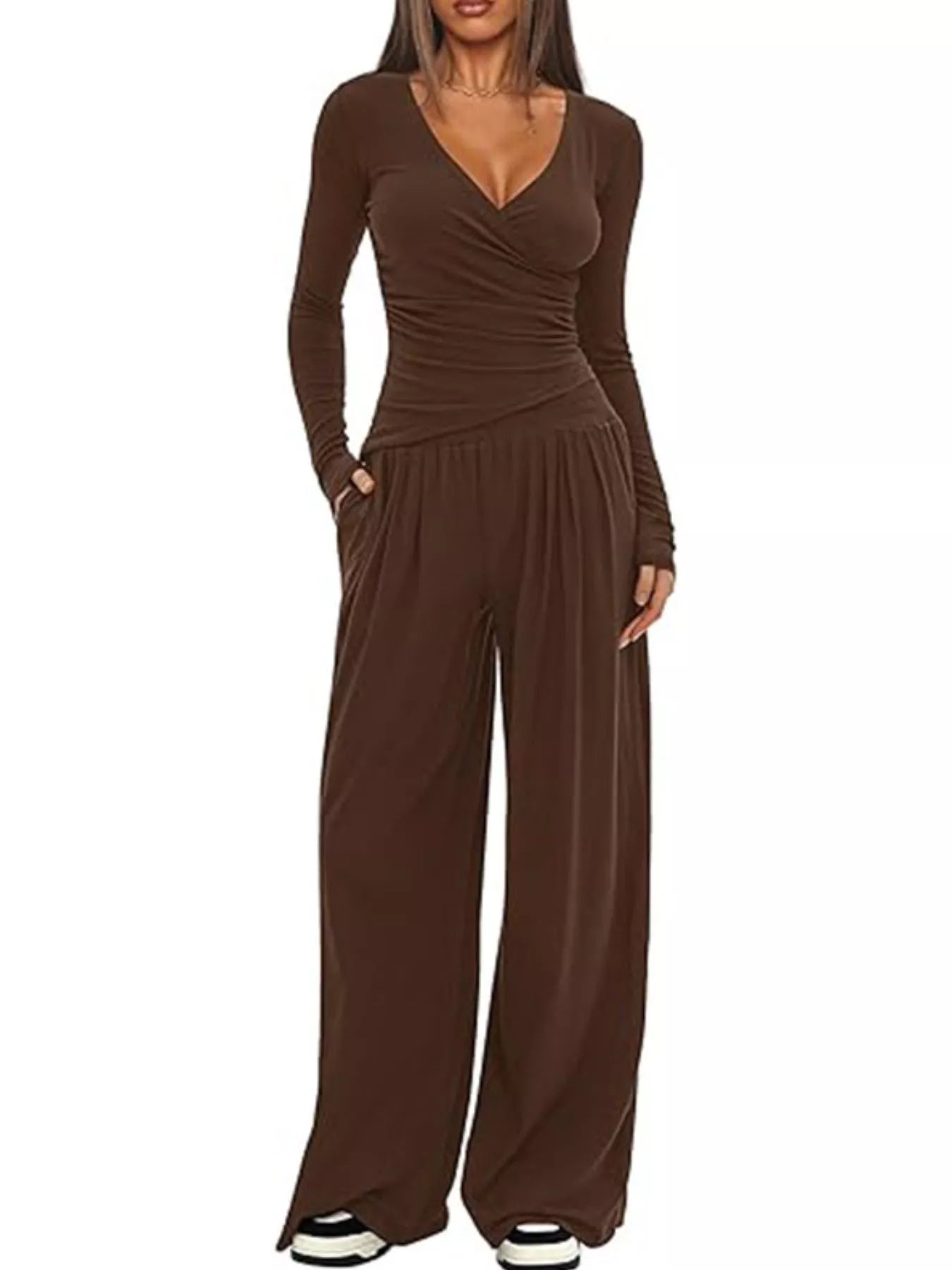 Sarah Express Women's Long Sleeve Top and Wide Leg Pants Set Brown