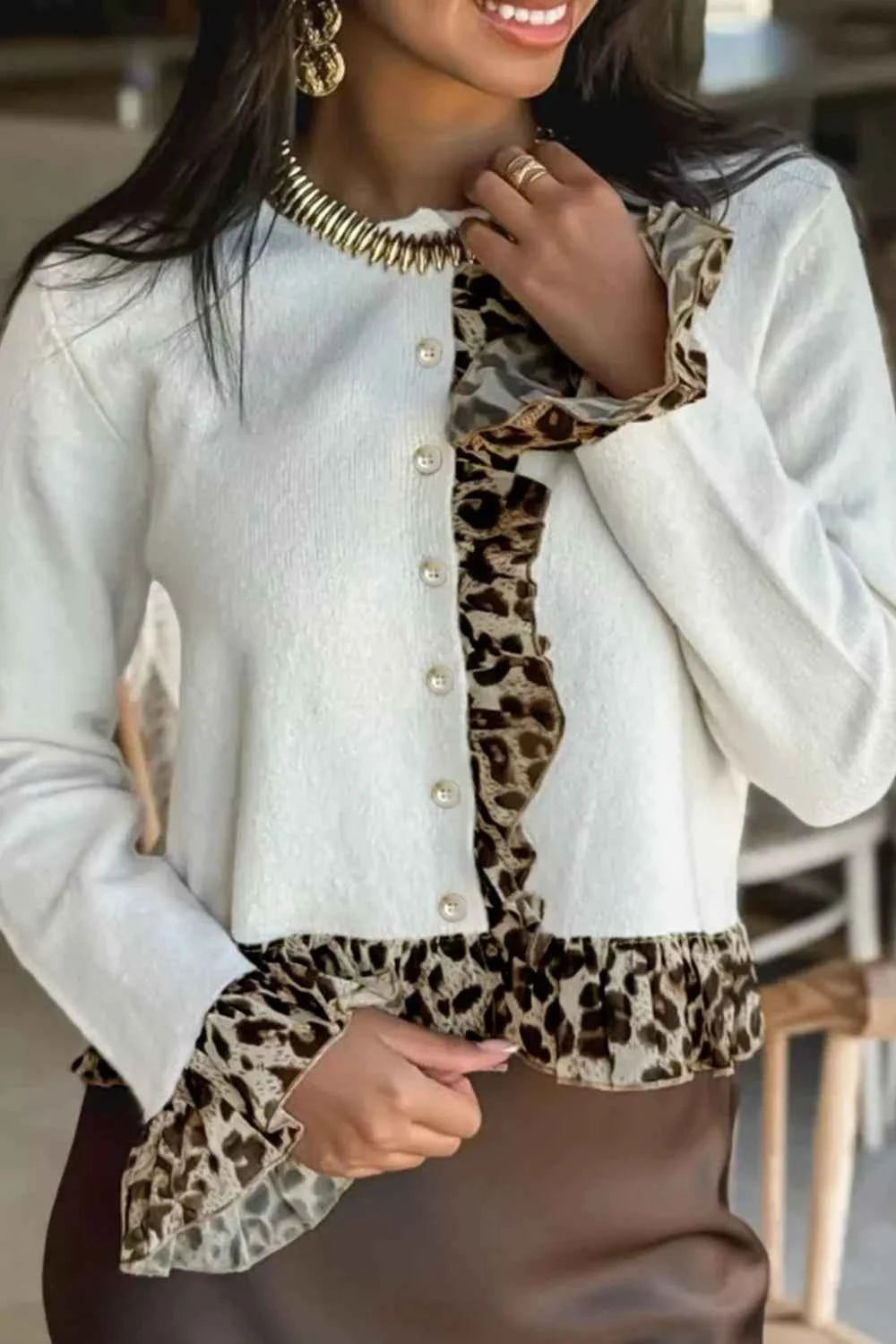 Leopard Trim Ruffle Cardigan
