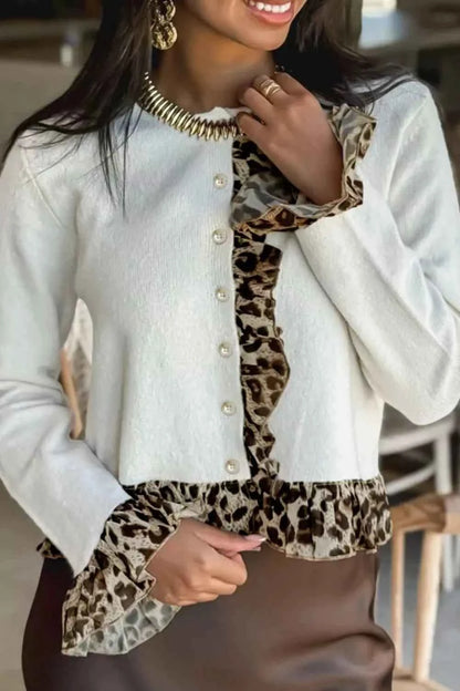 Leopard Trim Ruffle Cardigan