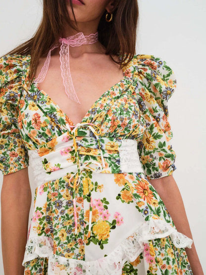 Sarah Express Women's Ruffled Floral Print Half Sleeve Dress Lemon Yellow