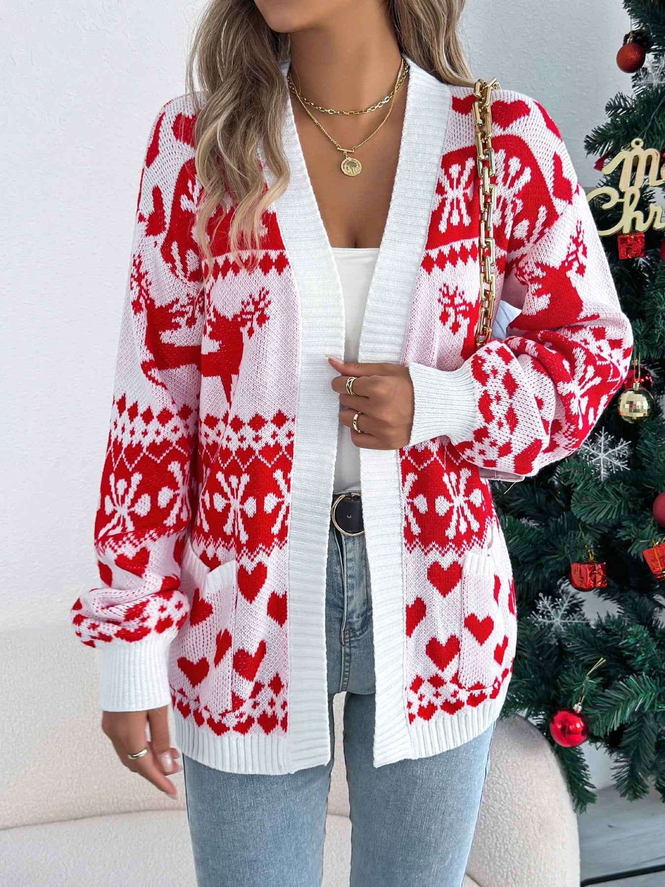 Sarah Express Women's Christmas Deer Pocket Cardigan Sweater Coat White