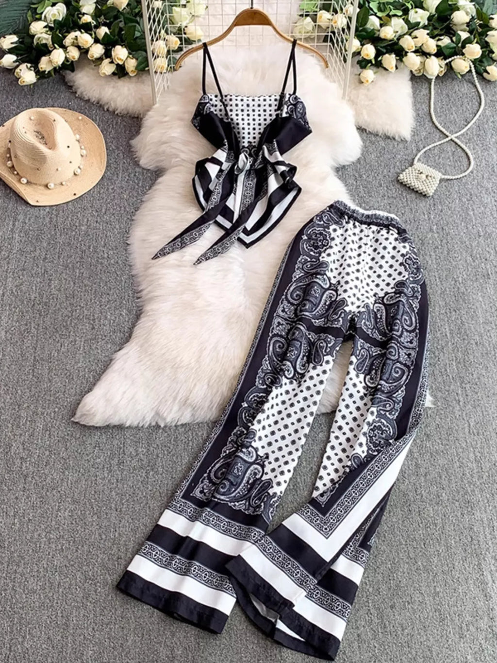 Sarah Express Women's Tie Back Printed Cami and Pants Set - Two Piece Outfit