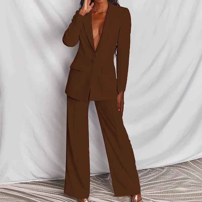 Sarah Express Women's Two Piece Blazer Suit Set - Lapel Button Down Jacket & Straight Leg Pants Brown
