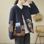 Sarah Express Women's Vintage Patch Cardigan Jacket Cotton-Padded Buckle Closure Rhombus Pattern Coat