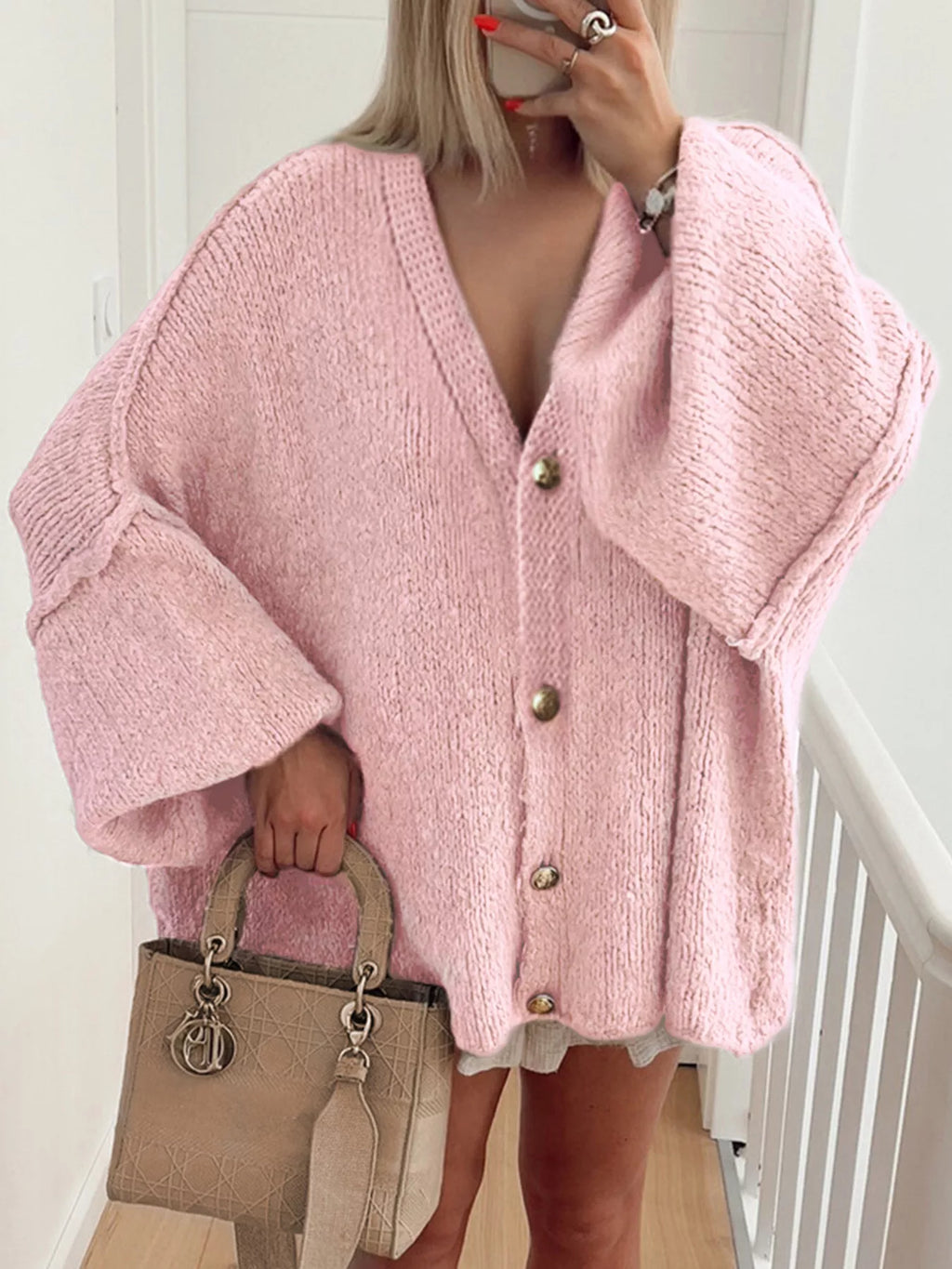 Sarah Express Women's Oversized Knit Button Up Cardigan Pink
