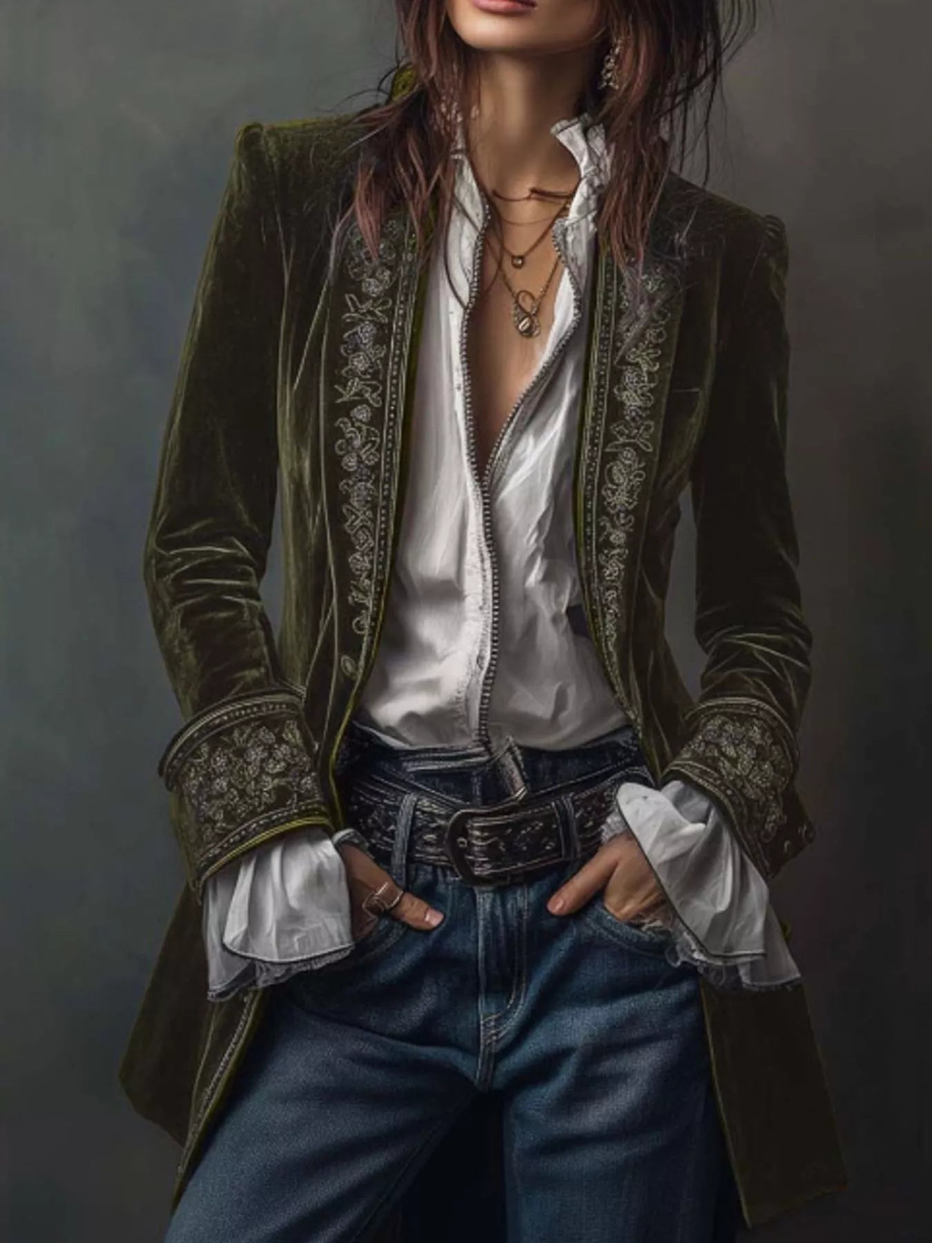 Sarah Express Women's Embroidered Velvet Jacket - Long Sleeve Outerwear Olive Green