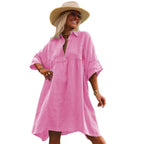 Women's Artistic Button Midi Dress Short Sleeve