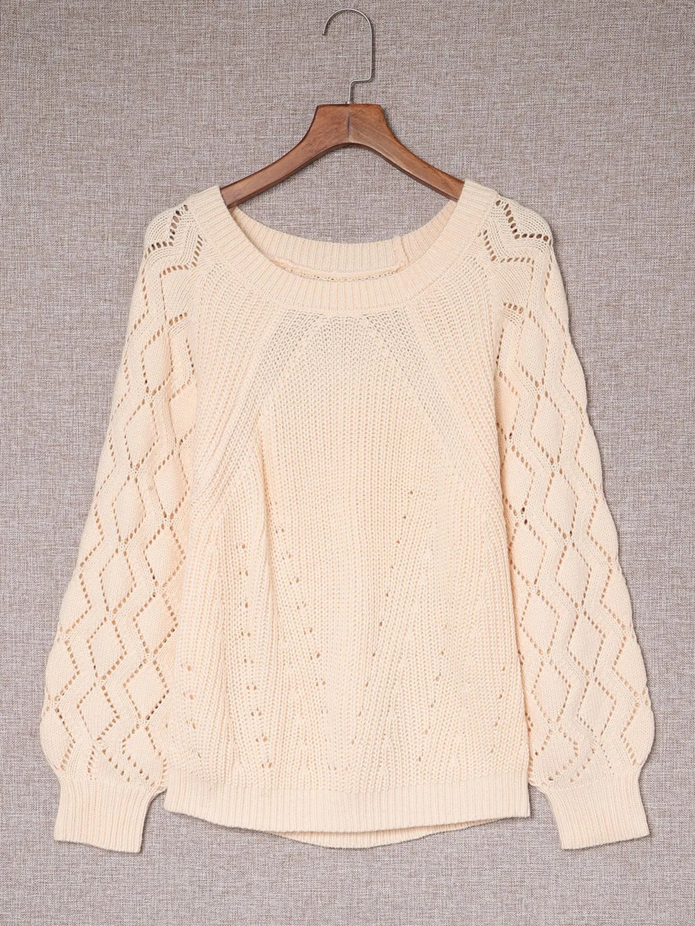 Sarah Express Women's Openwork Round Neck Long Sleeve Sweater