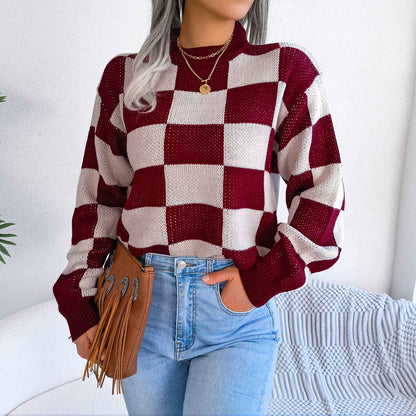 Sarah Express Women's Color Block Plaid Knit Sweater - Oversized Pullover with Lantern Sleeves