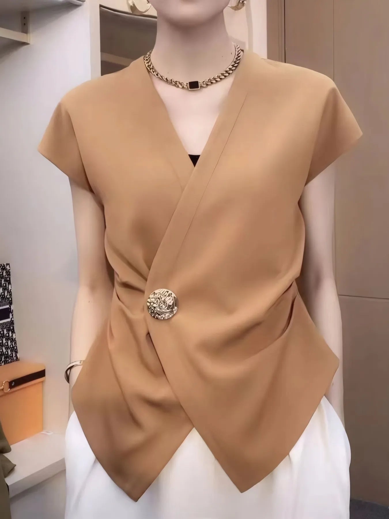 Sarah Express Women's Plus Size Wrap Front Blouse with Decorative Button Detail