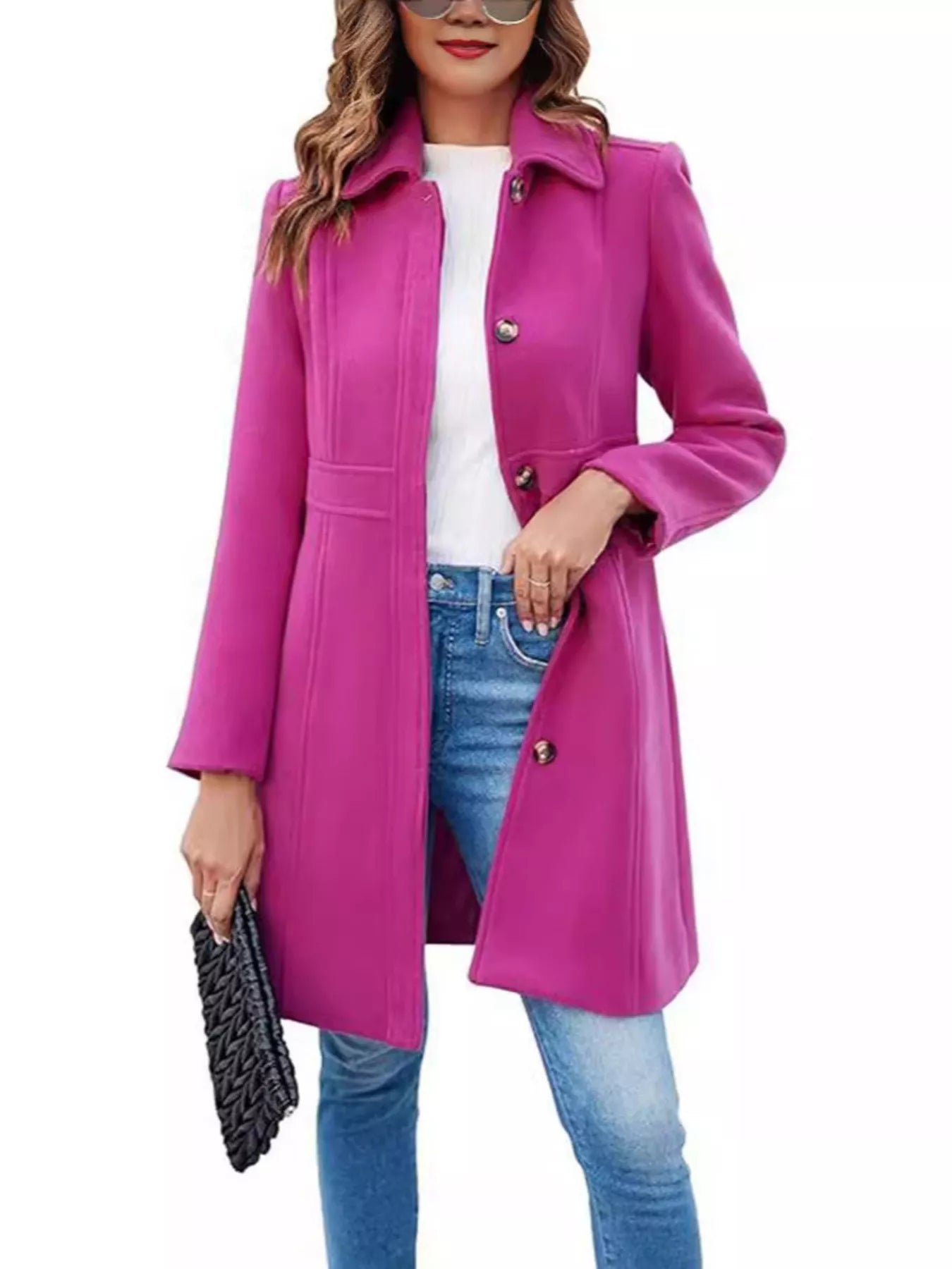 Sarah Express Women's Button-Down Wool Blend Coat Rose Red
