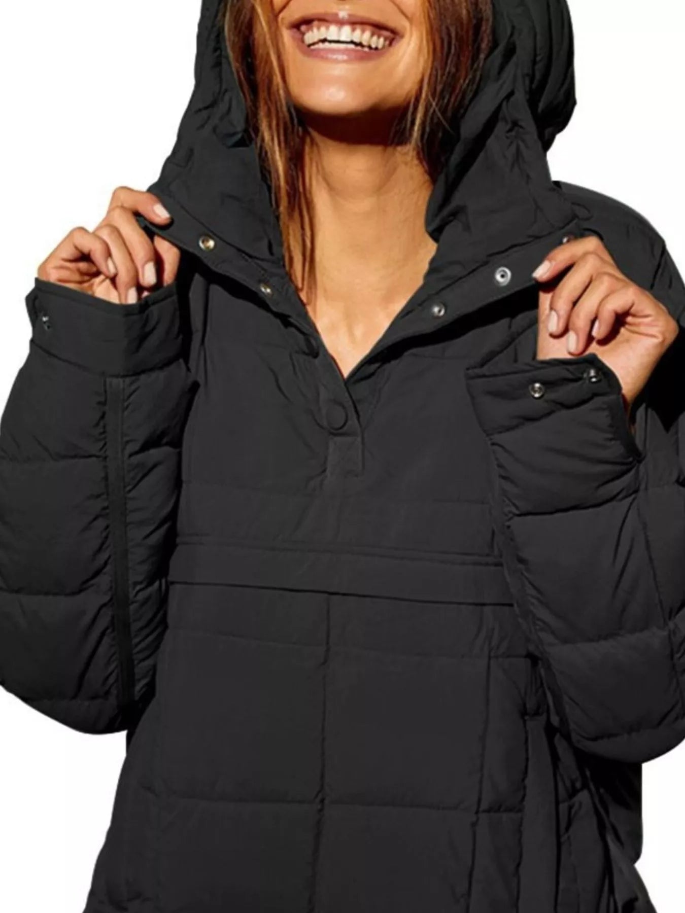 Sarah Express Women's Quarter Snap Hooded Puffer Jacket Black