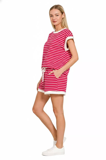 Sarah Express Women's Stripe Contrast Trim Top & Shorts Set