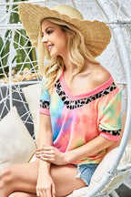 Sarah Express Women’s Rainbow Tie-Dye T-Shirt with Leopard Trim V-Neck