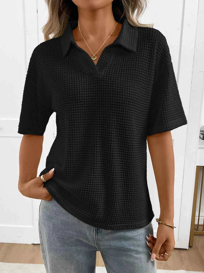 Sarah Express Women's Striped Waffle Knit Short Sleeve Top