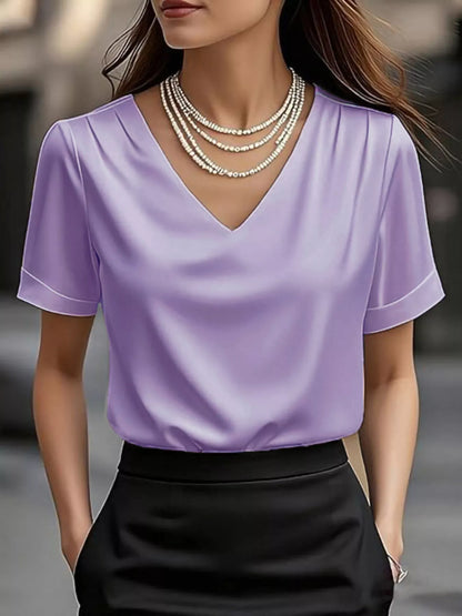 Sarah Express Women's V-Neck Short Sleeve Satin Blouse Light Purple
