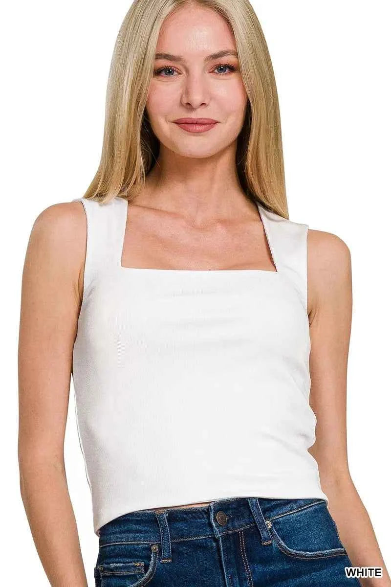 Sarah Express Women's Ribbed Seamless Double Layered Square Neck Tank Top WHITE