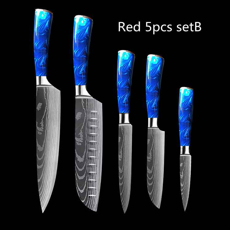 Sarah Express Professional 8-Inch Chef Knife with Blue Resin Handle - Premium Stainless Steel Kitchen Knife Red 5pcs setB