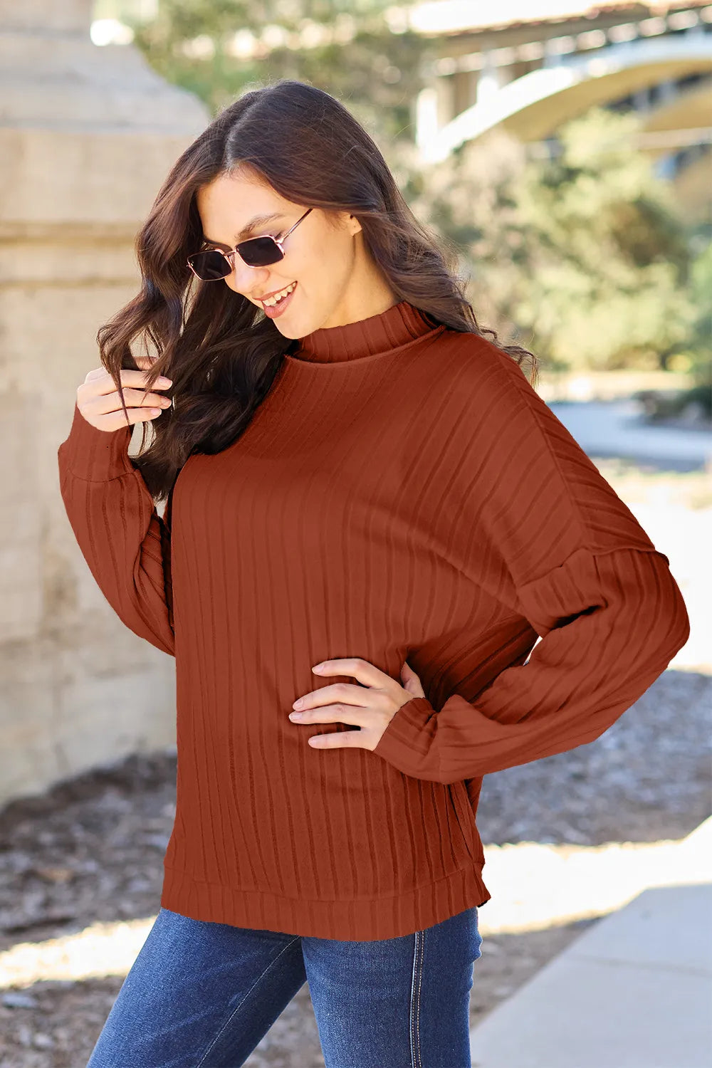 Sarah Express Women's Ribbed Mock Neck Knit Top - Exposed Seam Long Sleeve Rust