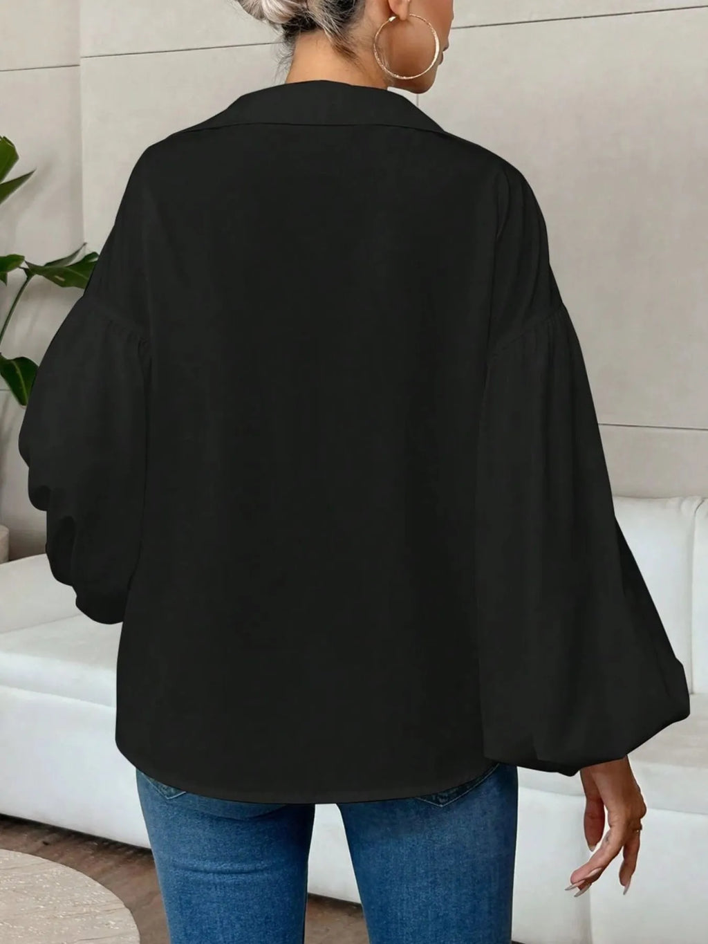 Sarah Express Women's Polka Dot Balloon Sleeve Blouse - Oversized Button-Up Top