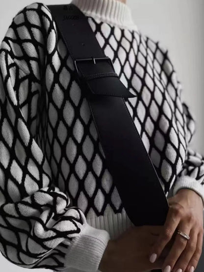 Sarah Express Women's Geometric Pattern Turtleneck Sweater Black