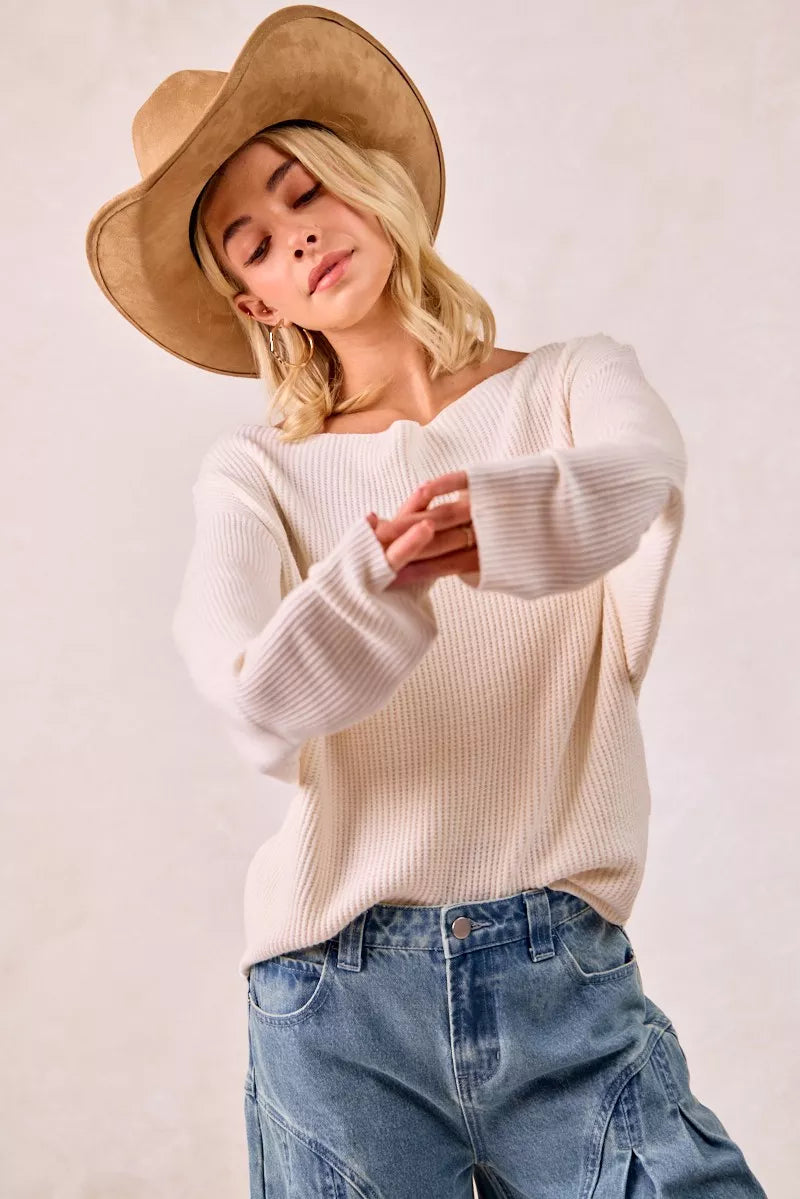 Sarah Express Women's Waffle Knit Off Shoulder Top - Ribbed Stretch Long Sleeve