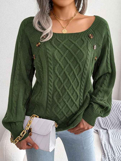 Sarah Express Women's Cable Knit Square Neck Pullover Sweater - Button Detail Raglan Sleeve Green