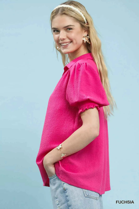 Sarah Express Women's Seersucker Puff Sleeve Blouse - Textured Split V-Neck Top