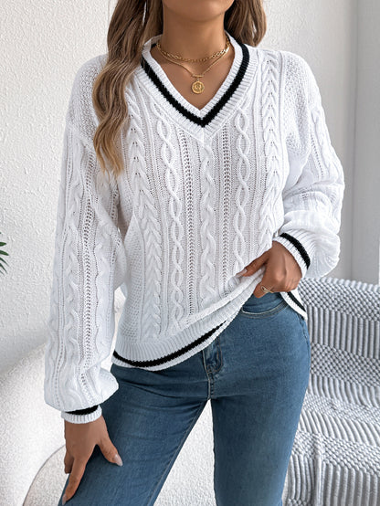 Sarah Express Women's Color Block Cable Knit Sweater V-Neck Lantern Sleeve White