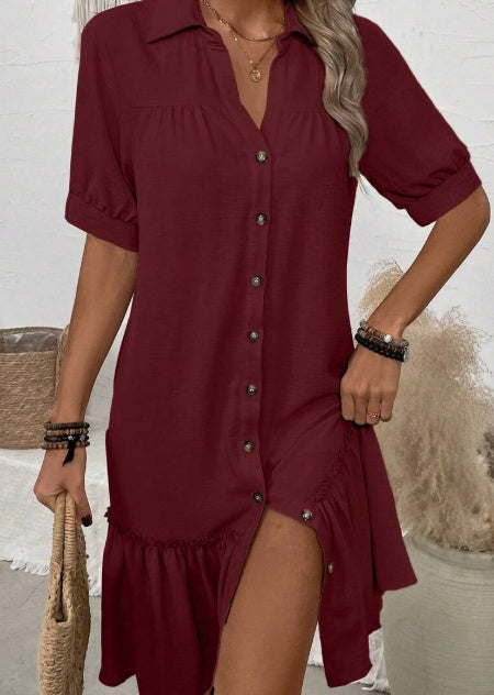 Sarah Express Women's Button-Up Shirt Dress Turn-Down Collar Ruffle Hem