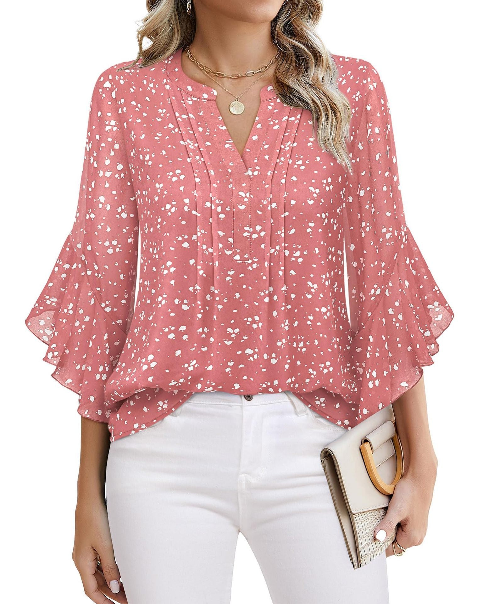 Sarah Express Women's Lotus Leaf Ruffle Sleeve Pullover Top Loose Fit 3/4 Sleeve
