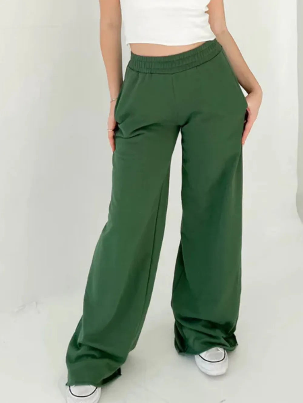 Sarah Express Women's Elastic Waist Wide Leg Pants Dark Green