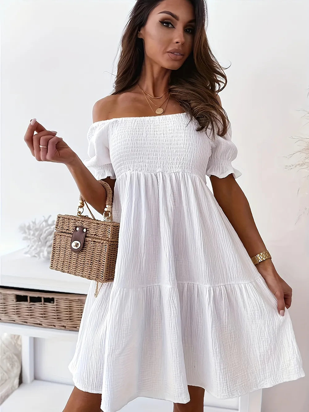 Sarah Express Women's Ruffled Off-Shoulder Short Sleeve Dress White