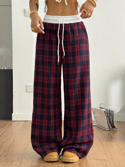 Sarah Express Women's Plaid Wide-Leg Pants with Elastic Waistband