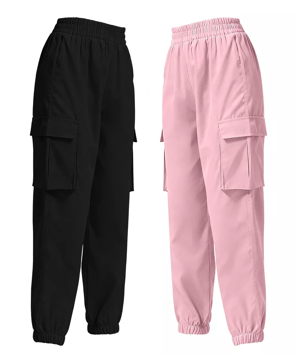 Sarah Express Women's 2 Piece Elastic Waist Cargo Pants Set black & pink