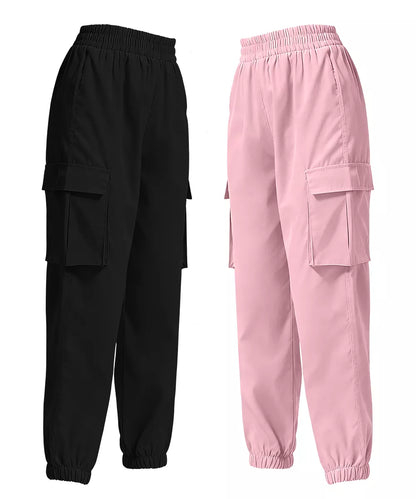 Sarah Express Women's 2 Piece Elastic Waist Cargo Pants Set black & pink