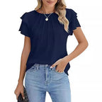 Sarah Express Women's Pleated Round Neck Blouse Short Sleeve Professional Work Top