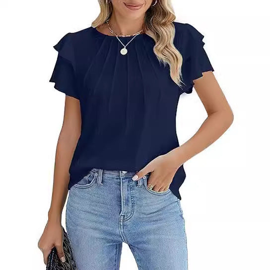 Sarah Express Women's Pleated Round Neck Blouse Short Sleeve Professional Work Top