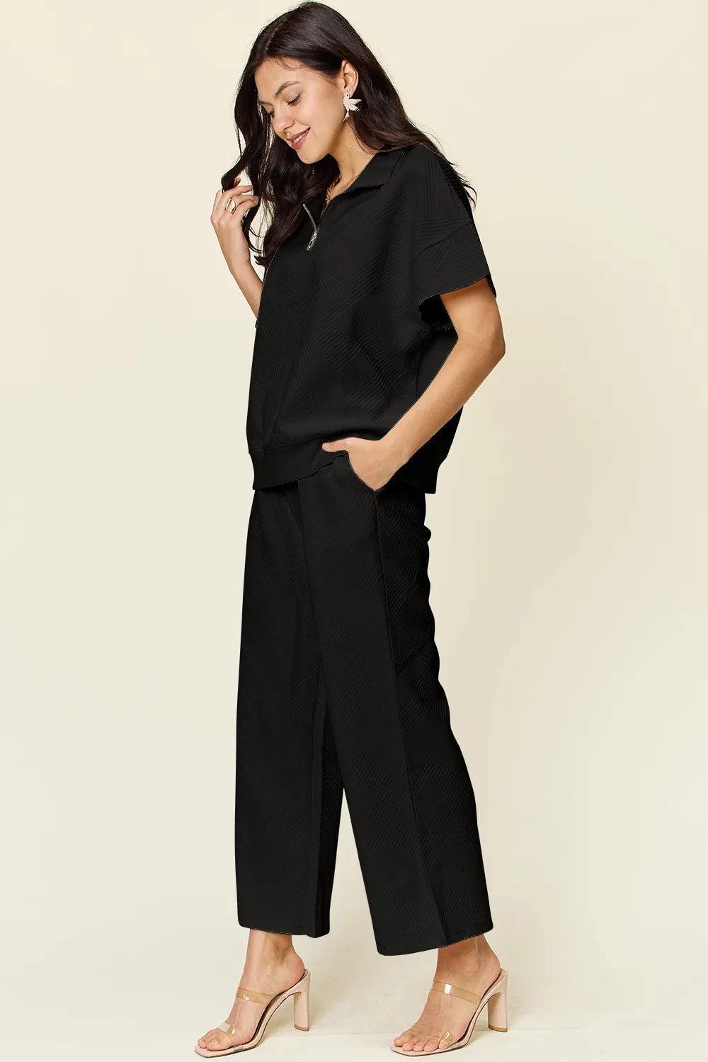 Sarah Express Women’s Plus Size Textured Half Zip Top and Pants Set
