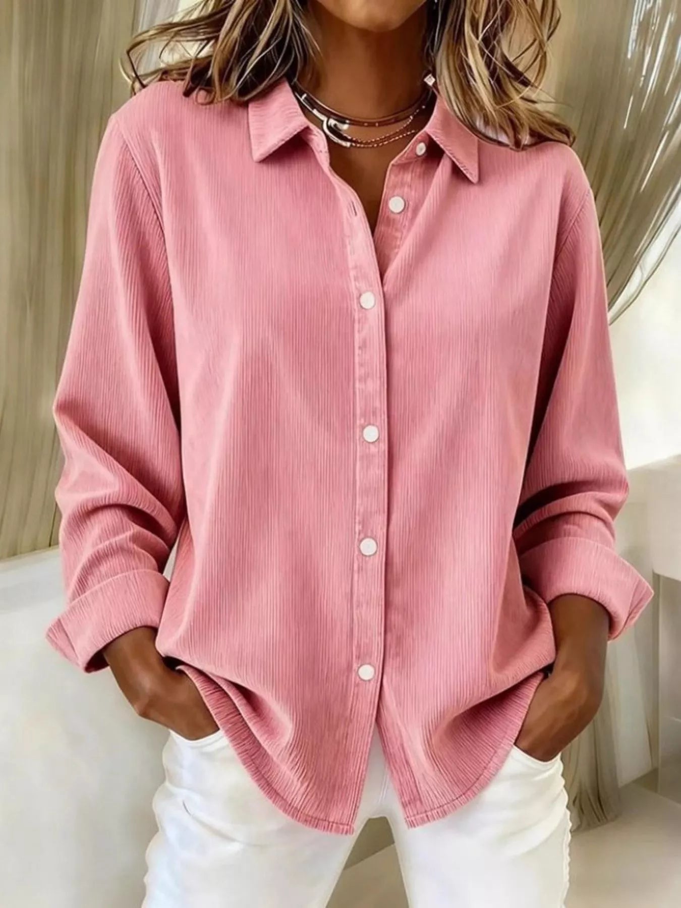 Sarah Express Women's Corduroy Button-Down Shirt Plus Size Pink