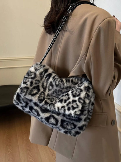 Sarah Express Women's Leopard Print Plush Shoulder Bag - Cute Animal Crossbody Purse