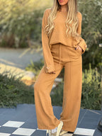 Sarah Express Women's Two-Piece Matching Set Long Sleeve Top Wide Leg Pants