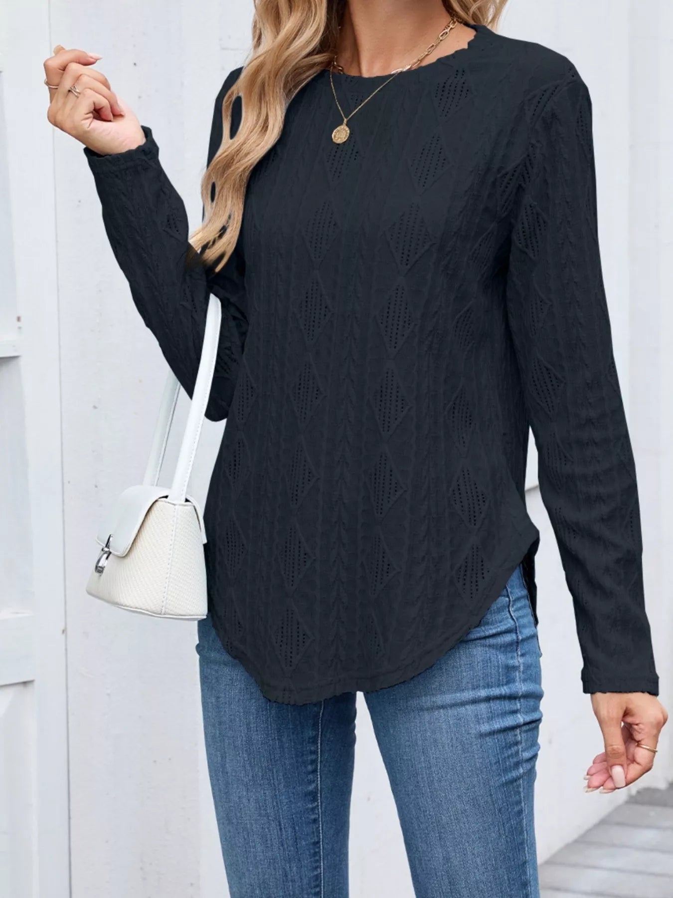 Sarah Express Women's Diamond Pattern Openwork Knit Long Sleeve Top