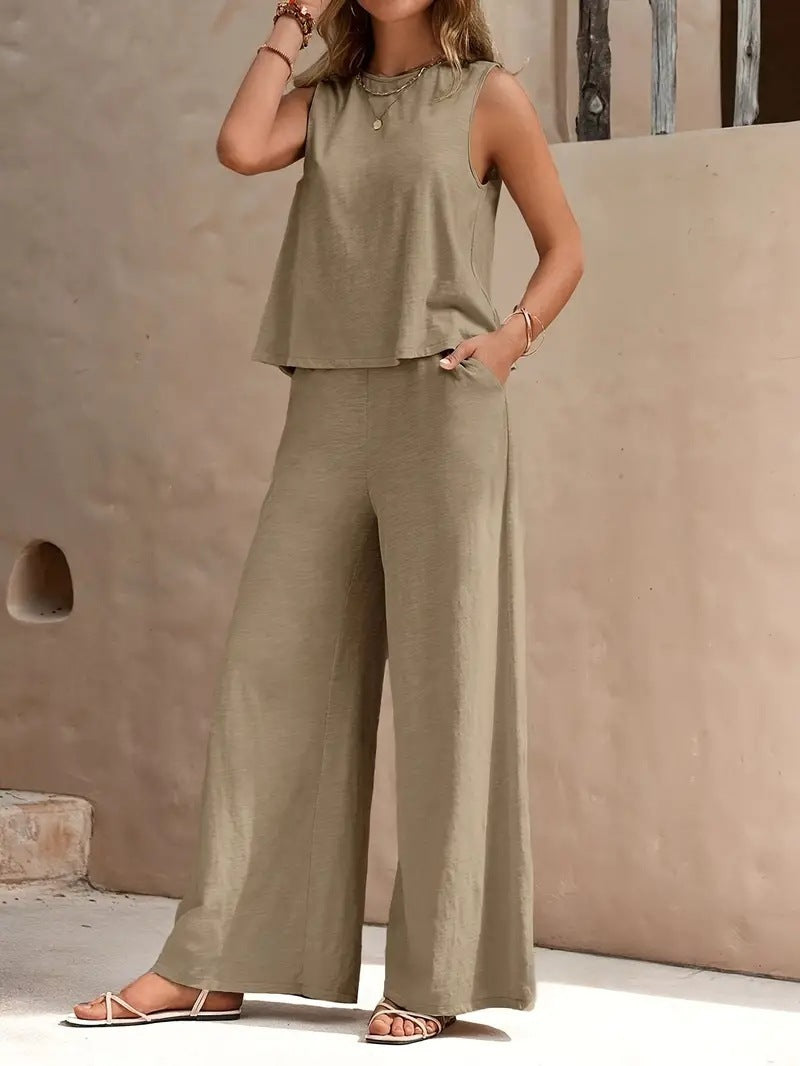 Sarah Express Women's Sleeveless Top and Wide Leg Pants Two Piece Set