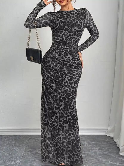 Sarah Express Women's Leopard Ruched Bodycon Maxi Dress Gray