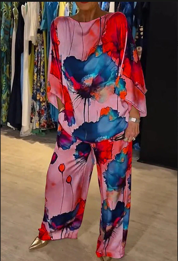 Sarah Express Women's Printed Satin Two-Piece Suit Bell Sleeve Top and Pants Set