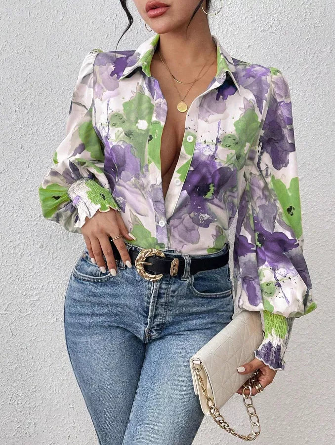 Sarah Express Women's Floral Print Long Sleeve Shirt Lavender